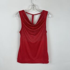 Express Tank Top M  Red Studded Lustrous Slinky T Back Cowl Neck Evening Party